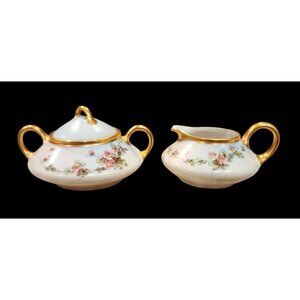 J & C Bavaria hand painted Sugar and Creamer set Anemone Pink Flowers, Gold Trim